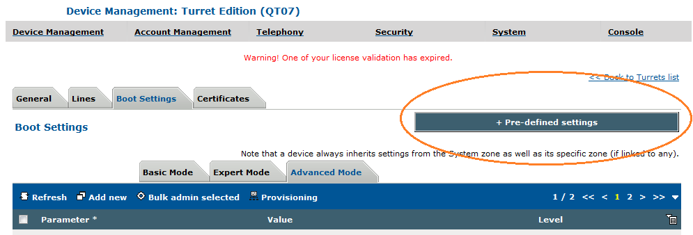 Pre-defined settings