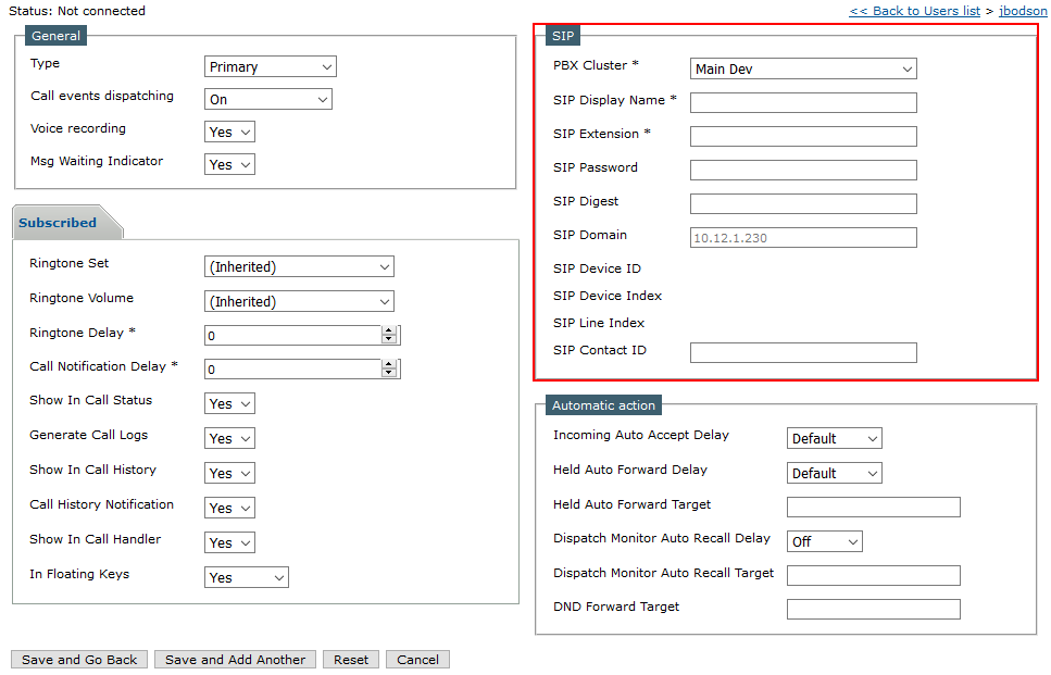 User Profile / Shared Profile / Turret Device creation form